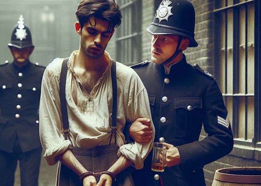 AI generated image of Victorian policeman arresting a drunk young man